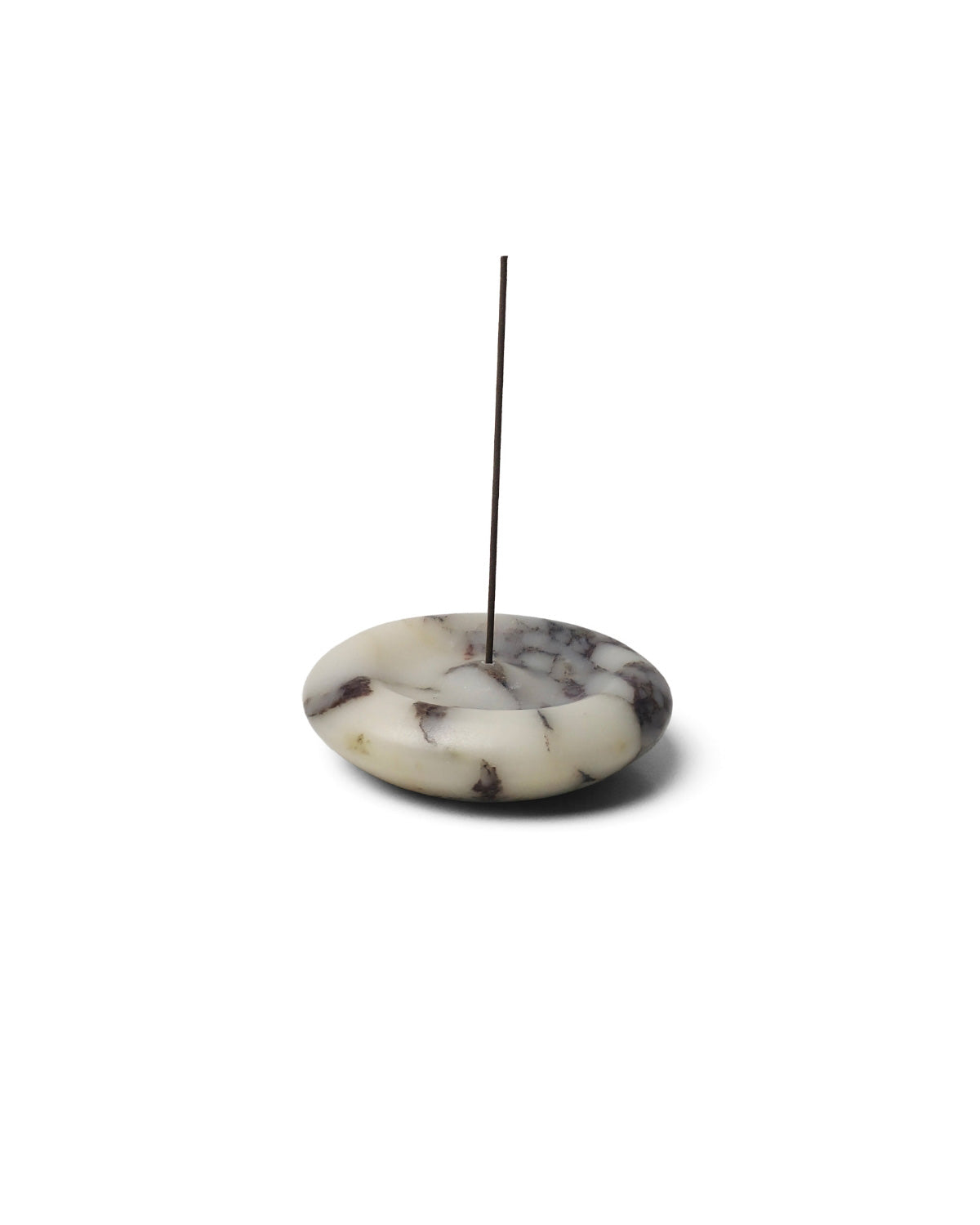 Aura Incense Holder in use with incense stick, Calacatta Viola marble