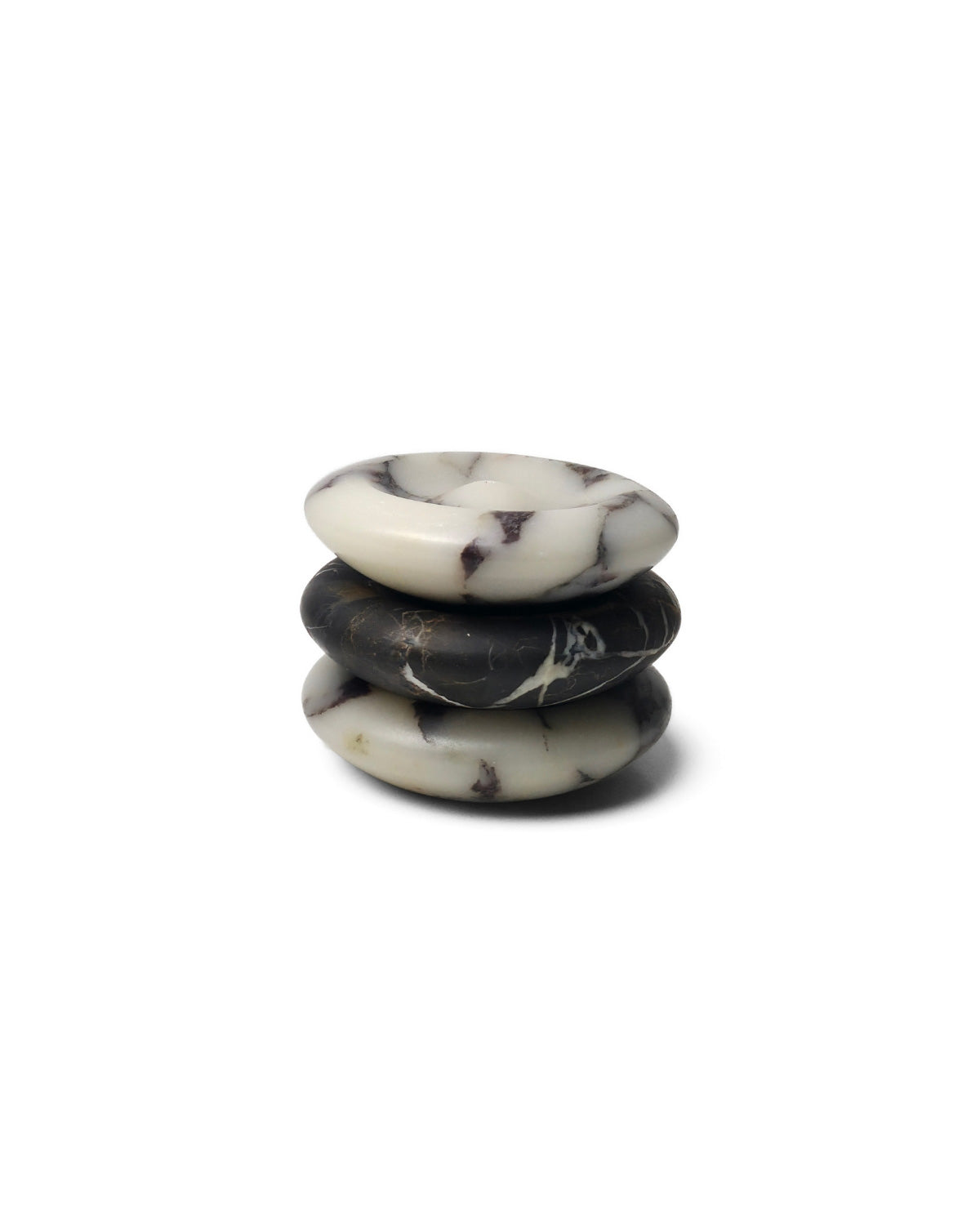 Stackable Aura incense holders in Calacatta Viola and Portoro Gold marble