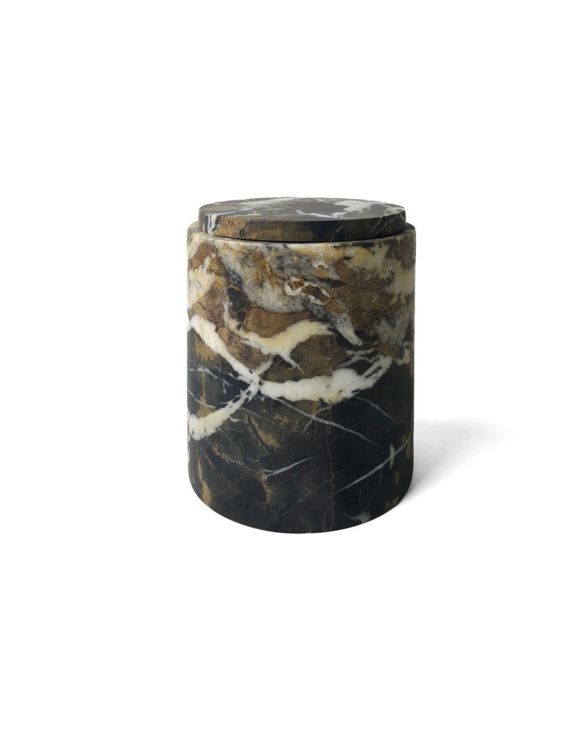 Front view of large marble canister with lid made from Portoro Gold Marble