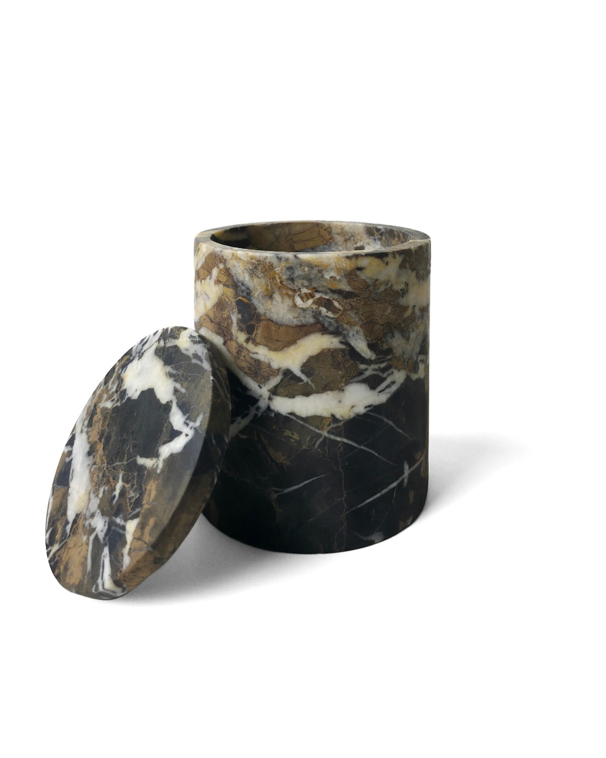 Nera Marble Canister with lid open, showing natural veining and depth