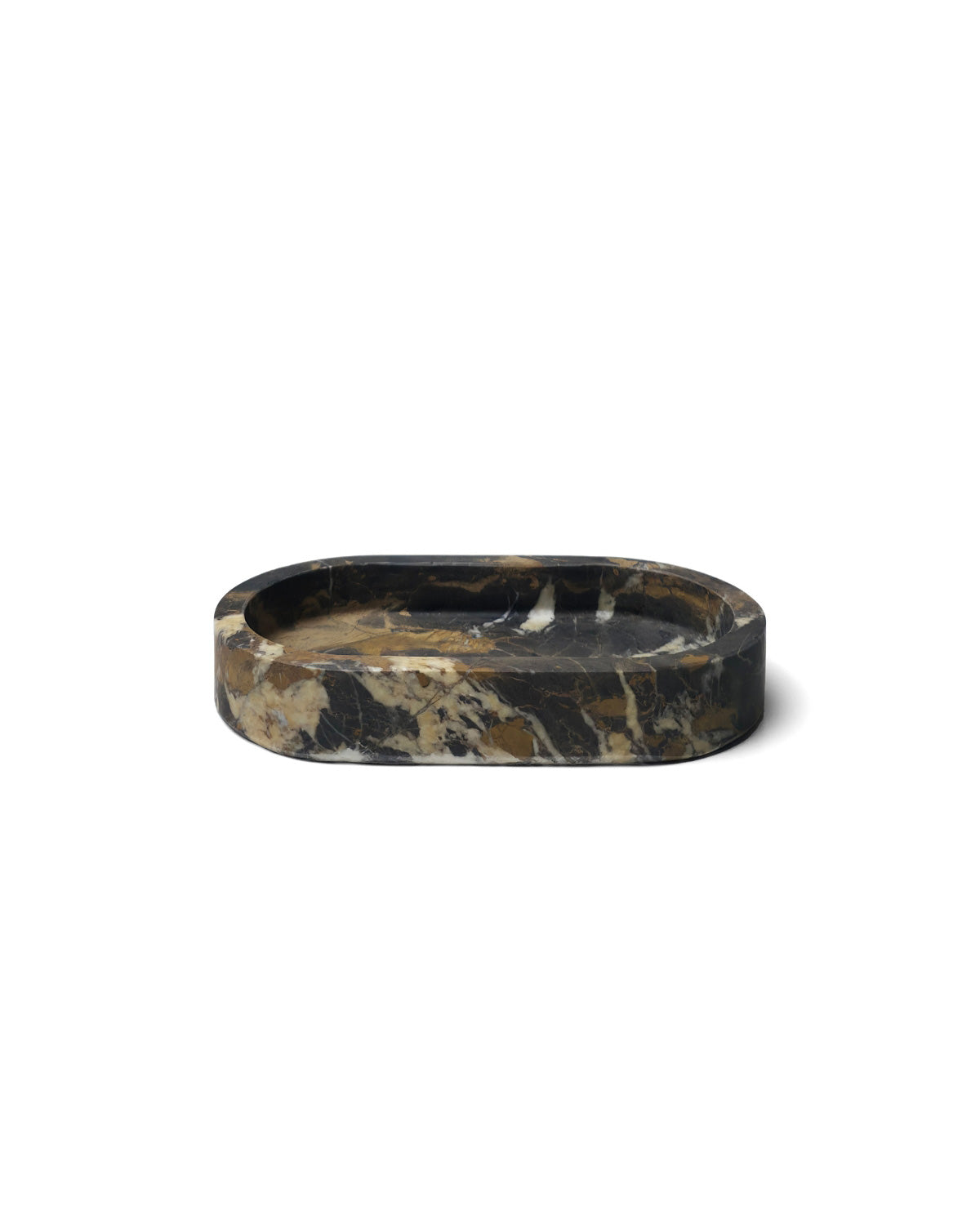 Oval marble catchall tray in Portoro Gold Marble, front view