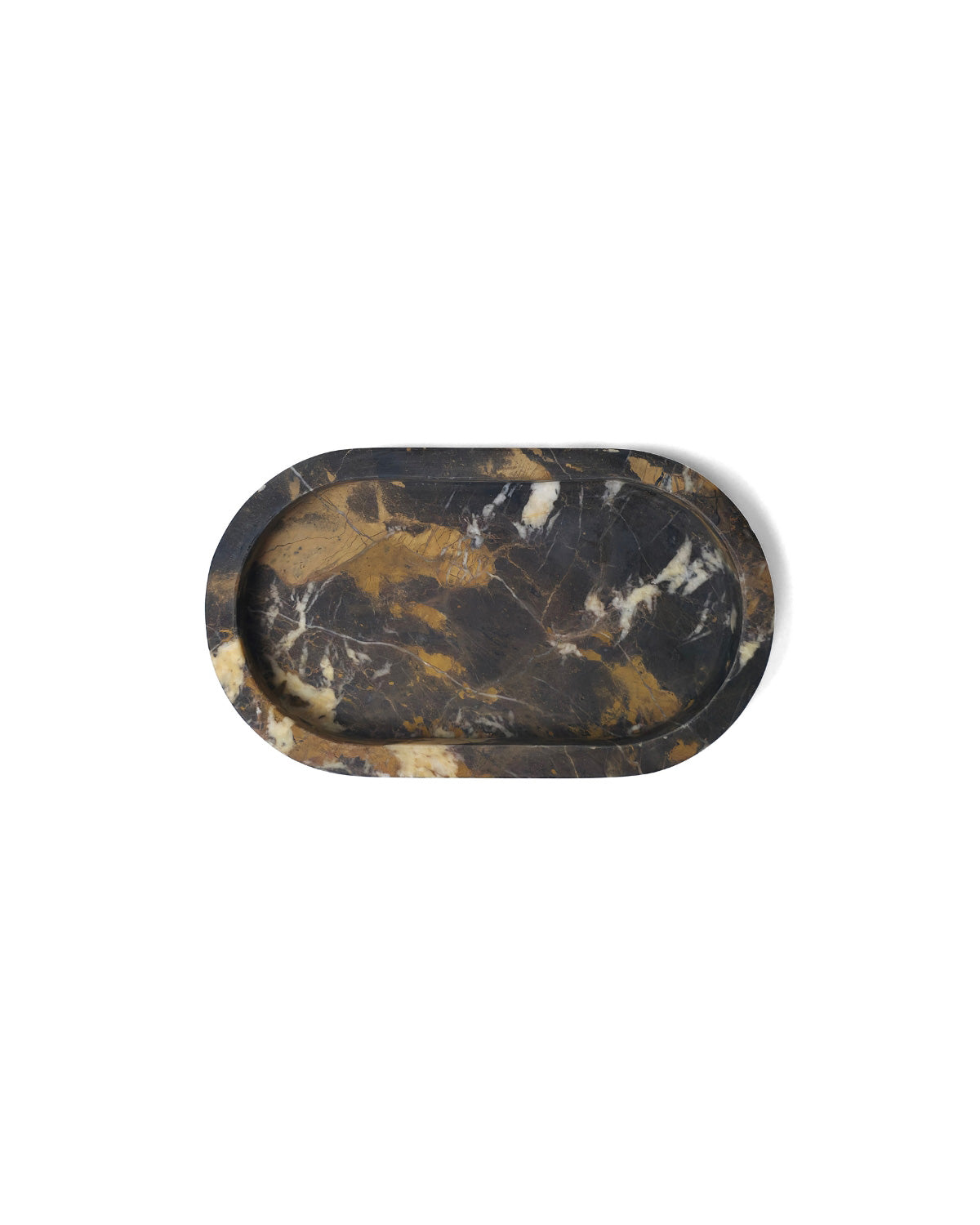 Top view of oval marble catchall tray made from Portoro Gold Marble