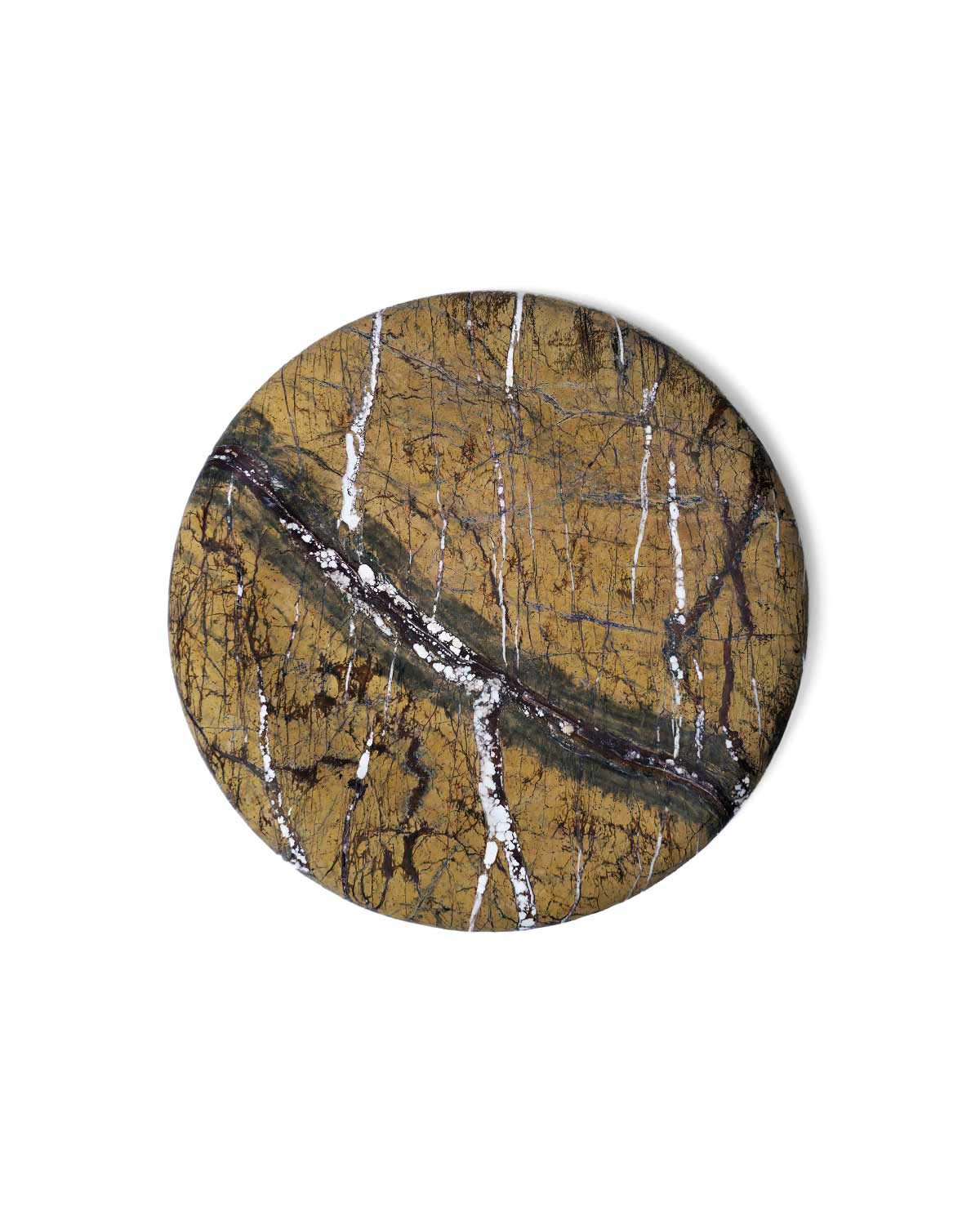 Top view of large round marble tray with earthy veining in Rainforest Brown marble.