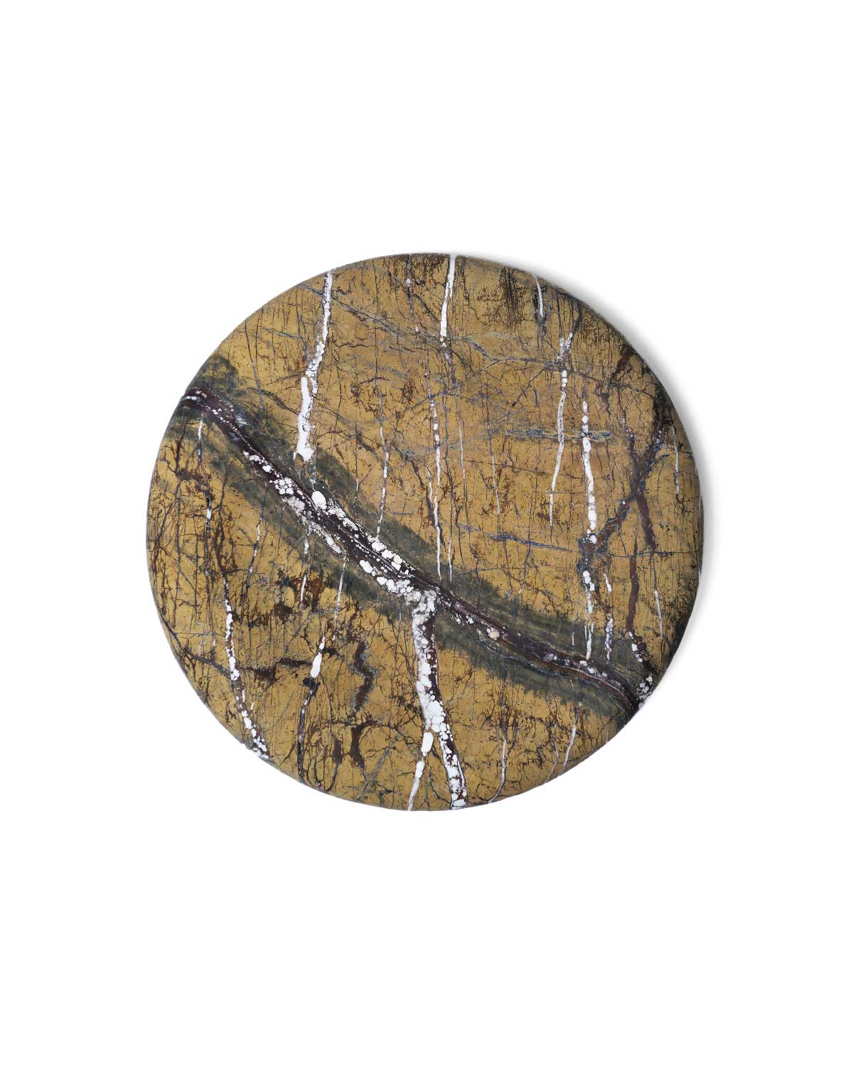 Top view of large round marble tray with earthy veining in Rainforest Brown marble